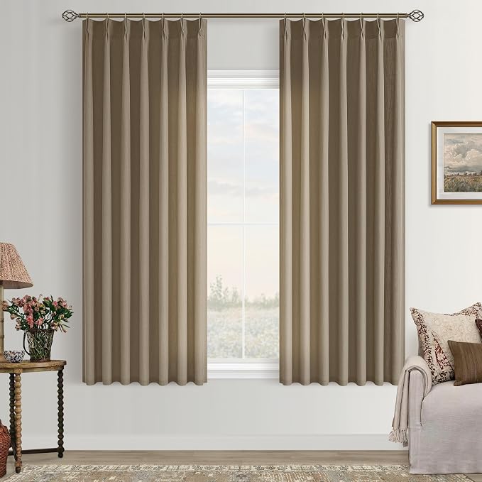 Dark Brown Pinch Pleated Semi Sheer Curtains 63 Inch Length for Living Dining Room Kitchen Linen Blend Light Filtering Pinch Pleat Linen Drapes Back Tab 2 Panels Bedroom Window Curtains 40x63