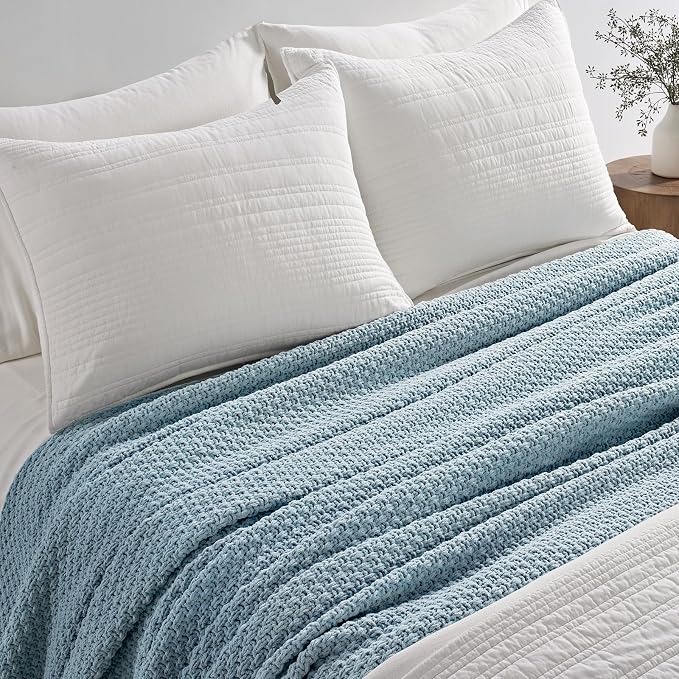 EVERGRACEHOME Chunky Polyester Knit Throw Blanket for Couch, Soft Luxurious Oversized King Moss Stitch Blanket for Bed, Large Cozy Farmhouse Knitted Throw for Sofa, Chambray Blue, 108" x 92"