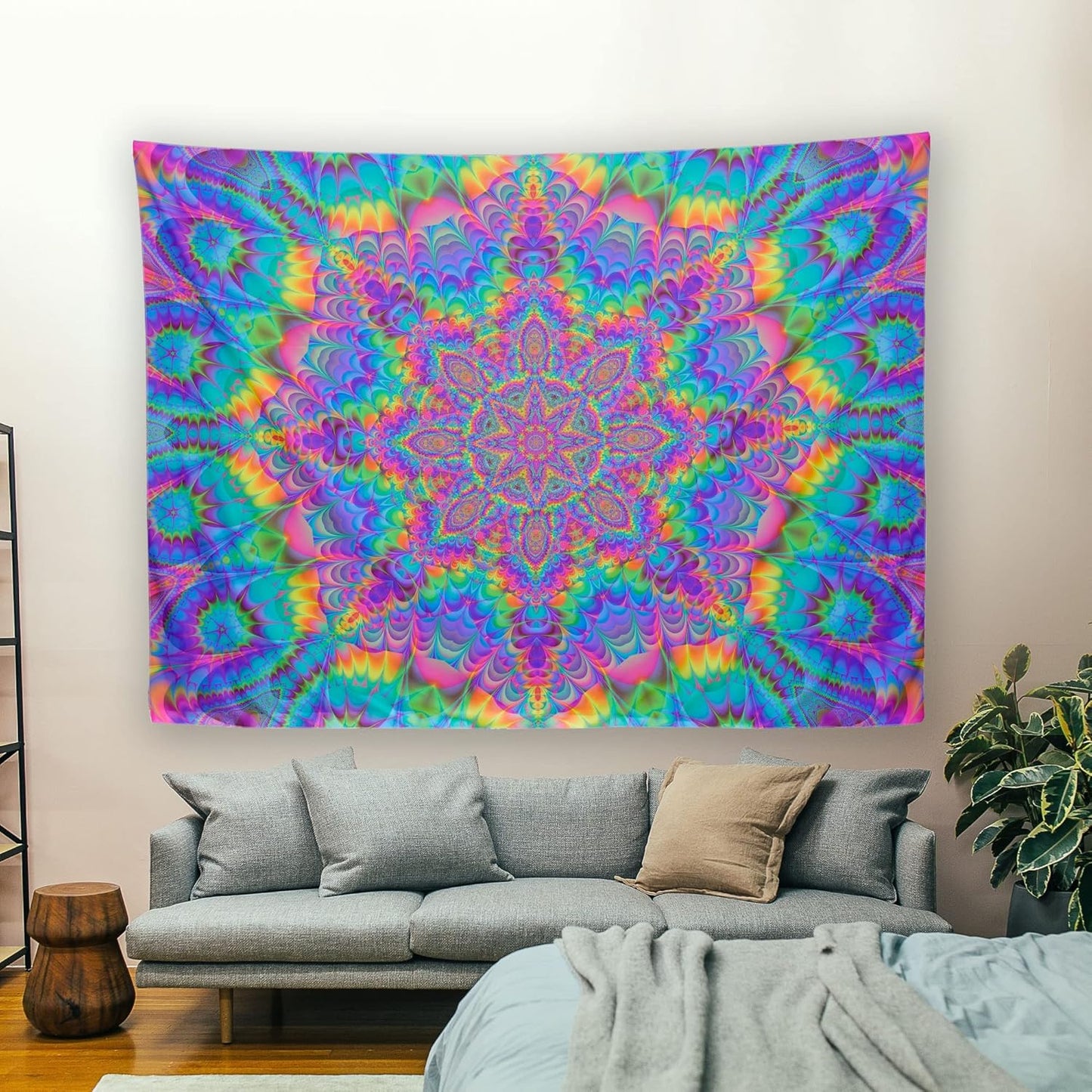 OSVINO Blacklight Mandala Tapestry 90"x70" Glow In The Dark Psychedelic Boho Tapestry Colorful Backdrop Bohemian Room Decor UV Reactive Hippie Wall Posters for Bedroom