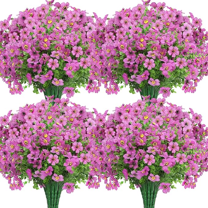MERIXMAS 24 Bundles Artificial Flowers for Outdoors Decorations, Fake Flowers Artificial Plants Outdoor, Colorful Daisy Eucalyptus Realistic UV Resistant for Garden Patio Porch Home Decor, Purple