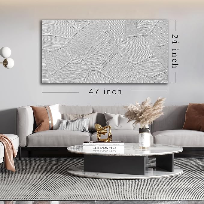 DNIEOTU Abstract Textured Canvas Wall Art for Living Room, White Wall-Decor for Bedroom, Modern Minimalist Geometric Paintings for Hallway Office, Size 47 x 24 Inches Hand Painted