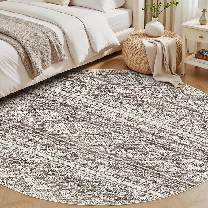 Tortania 10' Round Area Rug Living Room Rugs - Washable Large Soft Neutral Boho Moroccan Bohemian Farmhouse Rug Indoor Floor Carpet for Bedroom Under Dining Table Home Office Decor - Dark Brown