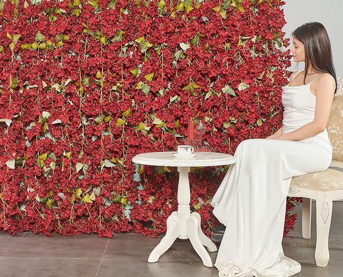 PONKING Flower Garland, Artificial Hydrangea Vine Flowers, Hanging Fake Hydrangeas Vine for Room Anniversary Wedding Birthday Christmas Wall Arch Decor, 2 Pcs, Floral Garland, Red Flower