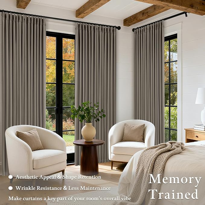 Dark Taupe Linen Blackout Pleated 108 Inch Curtains for Living Room Darkening Pinch Pleat 100% Black Out Drapes Thermal Insulated Soundproof Brownish Gray 108 Inch Curtain for Dining Bedroom 40x108