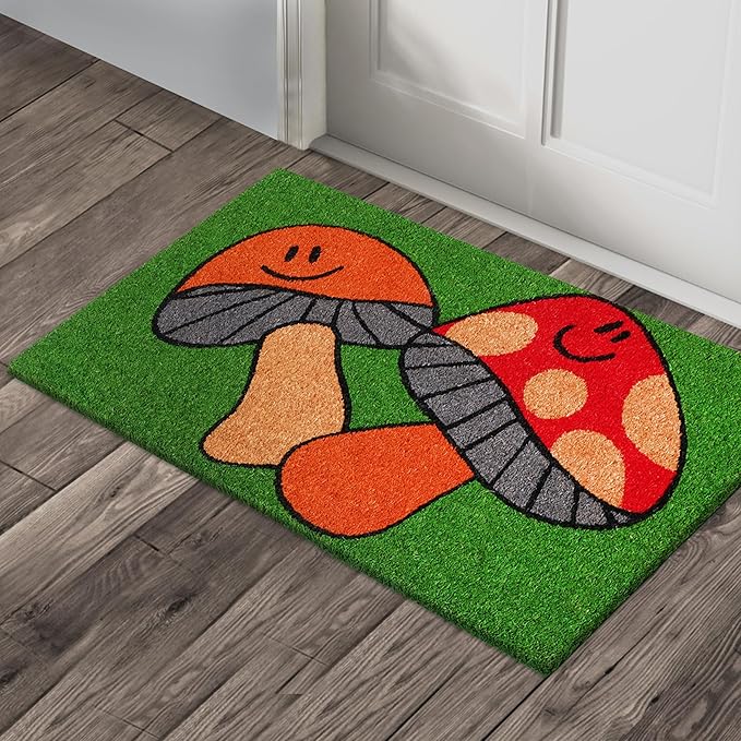 A1HC Natural Coco Coir Door Mat Dancing Mushroom Doormat with Heavy Duty Non-Slip PVC Backing - 18" x 30" - Easy to Clean, Welcome Mat for Home, Low-Profile Durable Doormat