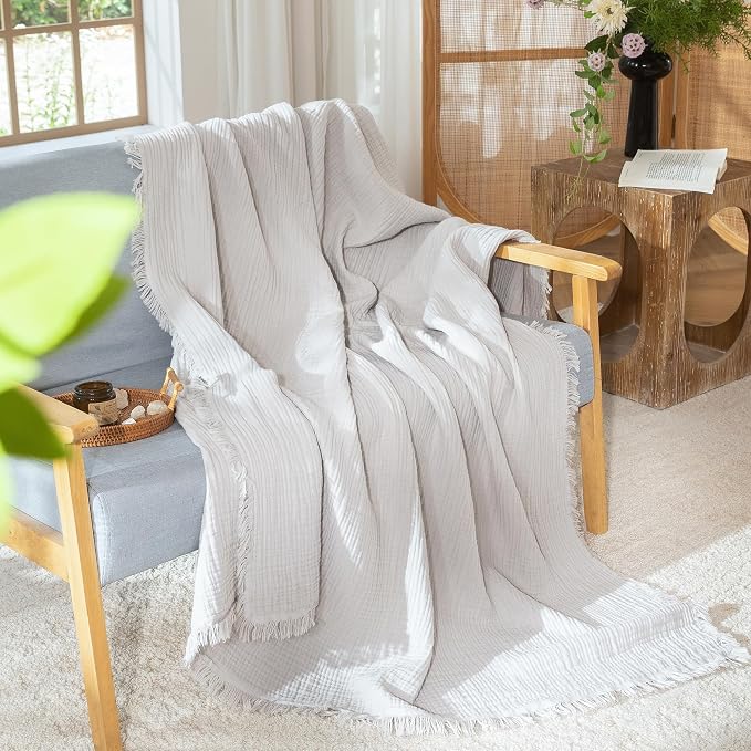 MooMee Muslin Blanket - 100% Cotton 4-Layer Gauze Throw Blanket with All-Around Fringe, Soft Breathable Lightweight Cooling Summer Blankets for Bed Couch (Light Grey,Throw XL 50" x 70")