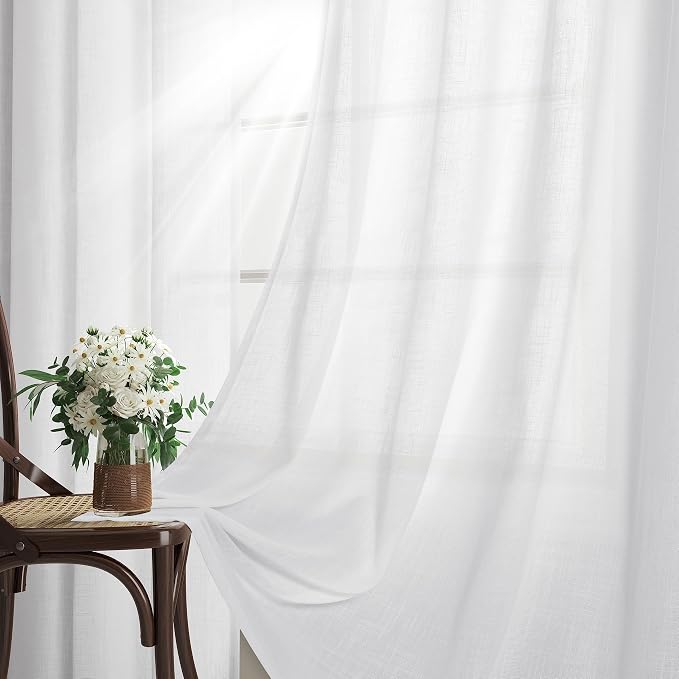 White Linen Curtains 72 Inches Long 2 Panels Set for Living Room Dining Grommet Flax Linen Drapes Light Filter Semi Sheer Boho Farmhouse Neutral Window Curtain 72 Inch Length for Closet Bedroom