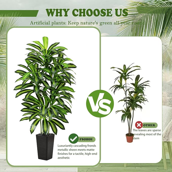 Artificial Dracaena Tree - 5FT Tall Fake Plants with Black Square Planter - Artificial Plants Indoor Floor Plant in Pot - Large Tropical Fake Yucca Potted Tree for Home Office Living Room Decor