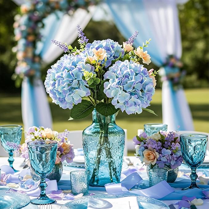 Auihiay 64 PCS Full Artificial Hydrangea Flowers, Blue Purple Silk Hydrangea Heads with Stems, Fake Flowers for Wedding Centerpieces, Baby Shower, Home, Garden, Party Decoration (Blue Purple)