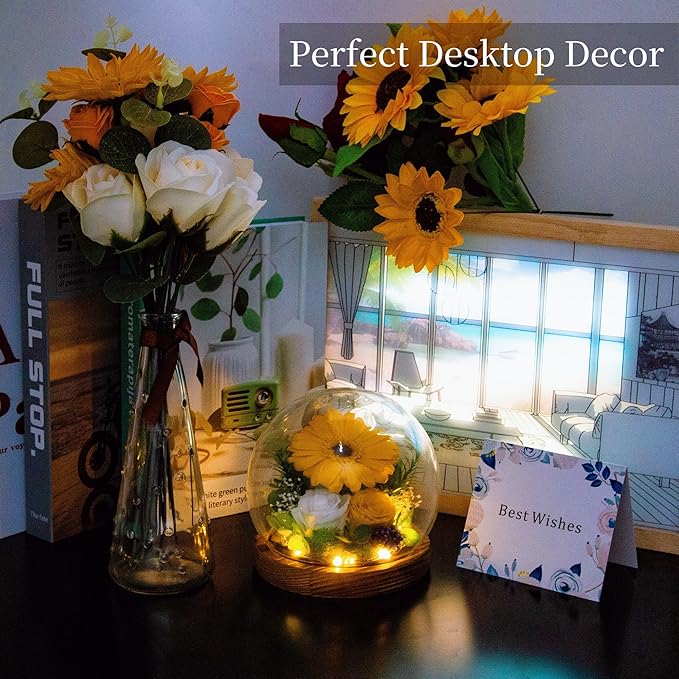 MOKOQI Sunflower Gifts for Women Mom Valentines Day Gifts for Her Preserved Real Flowers in Glass Dome with LED Strip, Forever Flowers Gifts for Wife Girlfriend Mom on Mother Day Birthday Christmas