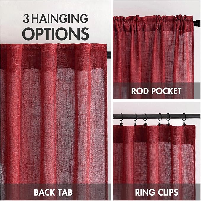MIULEE Burgundy Red Linen Curtains 90 Inch Long for Bedroom Living Room, Soft Thick Linen Textured Window Drapes Semi Sheer Light Filtering Rod Pocket Back Tab Christmas Burlap Look, 2 Panels