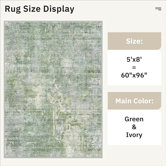 Soalmost 5x8 Area Rugs Green/Ivory Low Pile Indoor Washable Trendy Faded Style Rugs for Bedroom Living Room Dining Room Foldable Non-Slip Thin Print Home Office Mat