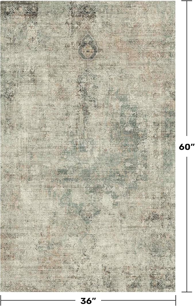 Moss Green Farmhouse 3x5 Large Entryway Rugs Indoor - Non Slip Washable Area Rug for Kitchen, Laundry Room, Low Pile Soft Carpet for Bedroom, Stain Resistant Vintage Indoor Decor