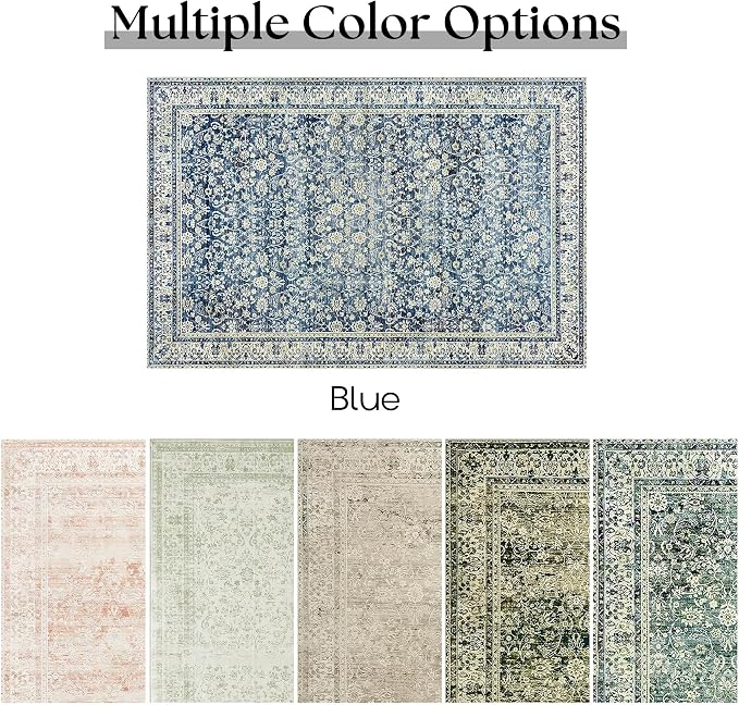 Machine Washable Area Rugs 4x6 Blue Low Pile Soft Carpet for Dining Room Vintage Floral Distressed Style Dark Blue 4 by 6 Rug for Living Room Home Office Small Throw Rug for Bedroom