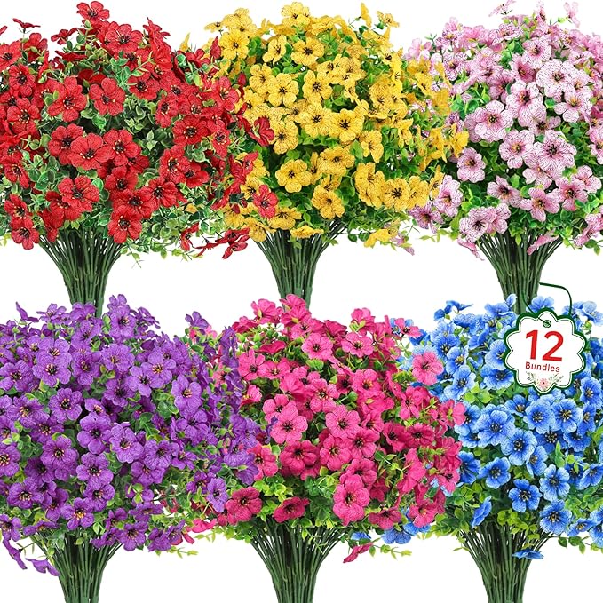 Ouddy Decor 12 Bundles Artificial Flowers for Outdoors Fake Silk Flowers UV Resistant Faux Plastic Plants for Spring Summer Garden Porch Window Box Table Vase Home Indoor Outdoor Decoration, Mixed