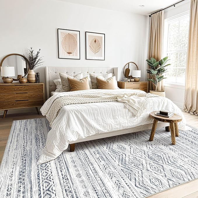 Tortania Area Rug Living Room Rugs- 5x7 Washable Large Soft Neutral Boho Moroccan Bohemian Farmhouse Rug Indoor Floor Carpet for Bedroom Under Dining Table Home Office Decor - Dark Blue