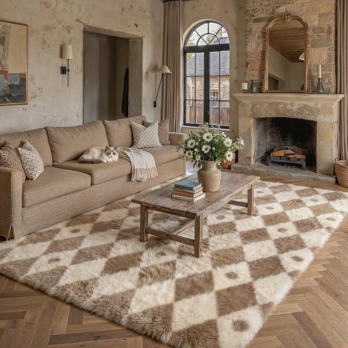 PureCozy Brown 6x9 Area Rug for Living Room Washable Non Slip Neutral Soft Bedroom Checkered Carpet Colorful Fluffy Modern Shag Fuzzy Indoor Large Aesthetic Bedroom Home Office Playroom Nursery