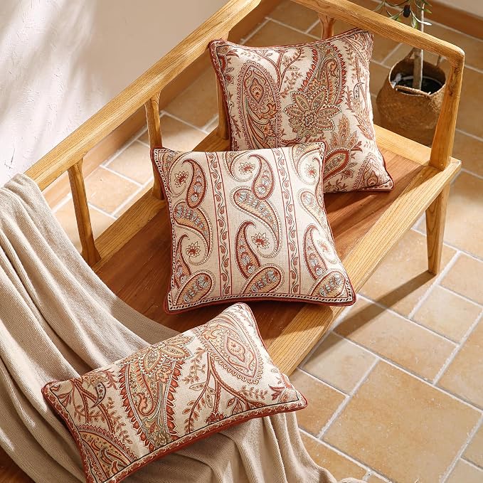 ISAENNE Vintage Linen Throw Pillow Cover,Set of 2,20"x12"-Chauffrey A | Designer Elegant Rectangle Pillow Cover,Concealed Zipper Design,Cashew Pattern,Sofa,Bedroom,Living Room,Lounge Chairs