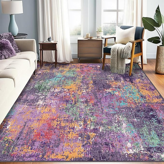 RELEANY Washable Area Rugs 5'x8' Non-Slip Modern Abstract Soft for Living Room Entryway Bedroom Nursery, Print Pattern, Purple Orange Blue Green Rust Red Colorful
