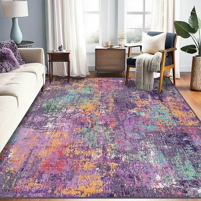 RELEANY Washable Area Rugs 10'x14 Non-Slip Modern Abstract Soft for Living Room Entryway Bedroom Nursery, Print Pattern, Purple Orange Blue Green Rust Red Colorful