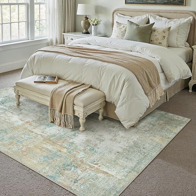 6x9 Washable Area Rug Teal Beige Abstract Non Slip Soft Low Pile Rug for Living Room Bedroom Dining Room Office Neutral Modern Indoor Throw Carpet for Home Decor