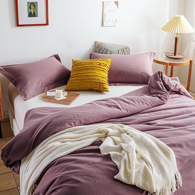 Simple&Opulence 100% Linen Duvet Cover Set 3pcs Basic Style Natural French Washed Flax Solid Color Soft Breathable Farmhouse Bedding with Button Closure - Purple, Queen
