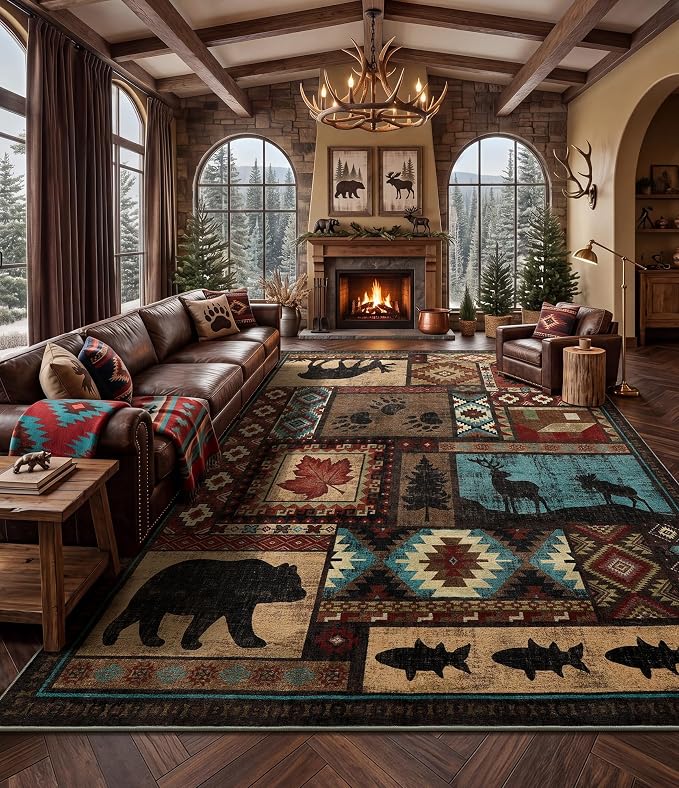 YIHOUSE Rustic Cabin Rugs for Living Room 10x14, Wildlife Bear & Deer Area Rug, Washable Southwestern Lodge Large Area Rug