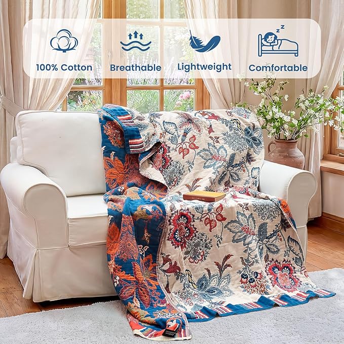 MSGKV Boho Throw Blanket 60"x80" 100% Cotton Floral Blanket for Bed Couch Summer Breathable Lightweight Twin Blankets All Seasons Home Decor Muslin