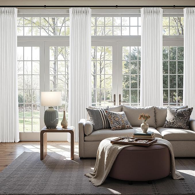 Extra Long Pinch Pleated Linen Curtains 120 Inches Long for Living Room Beige White Cream Beige Light Filtering Pinch Pleat Curtain for Big Large Windows Back Tab Back Tab with Hooks Clip Rings Set