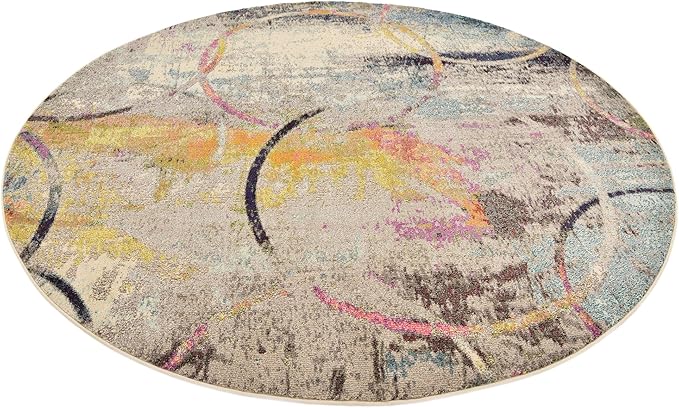 Unique Loom Chromatic Collection Modern Rustic & Vibrant Abstract Area Rug For Any Home Décor (8' 0 x 8' 0 Round, Beige/ Blue)