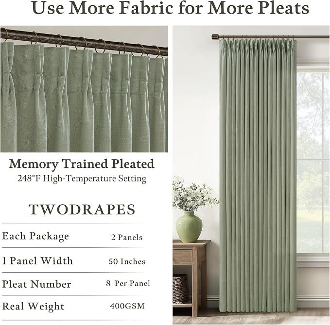 Sage Green Linen Curtains 120 Inches Long Boho Farmhouse Curtain 10 Foot Light Filtering Semi Sheer Back Tab Pinch Pleat Extra Long Curtain for Tall Ceiling Living Room Summer 2 Panels 50 by 120 Inch