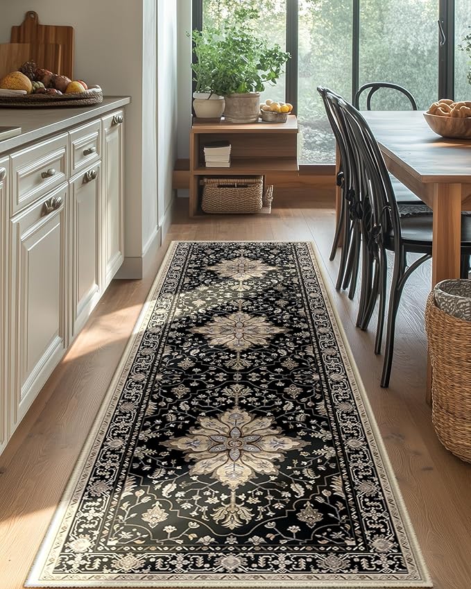 RELEANY Area Rugs 2'x8' Runner Rug Non Slip Washable for Kitchen Hallway Bedroom Beside Laundry Room Bathroom Rug, Floor Carpet, Black Brown Neutral Dark Tan