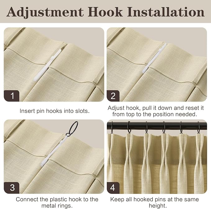 90 Inch Curtains Pinch Pleated Linen Curtain for Living Room, Tan Burlap Light Filtering Pleat Drapes Textured Thick Semi-Sheer Sliding Glass Door Curtains with Hooks for Bedroom Farmhouse 2 Panels