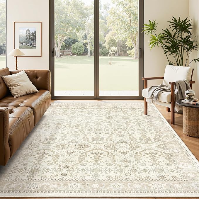 Soalmost Area Rugs 5x7, Washable Rug, Stain Resistant 5x7 Area Rugs for Living Room Bedroom Dining Room, Vintage Gray Farmhouse Rug Beige