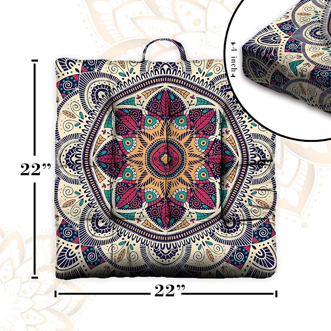 Mandala Meditation Cushion, Boho Meditation Mat, Meditation Pillows For Sitting on Floor, Cushions for Sitting in Home and Outdoor, Square Floor Pillow Cushion Seating for Yoga Accessories 22'' x 22''