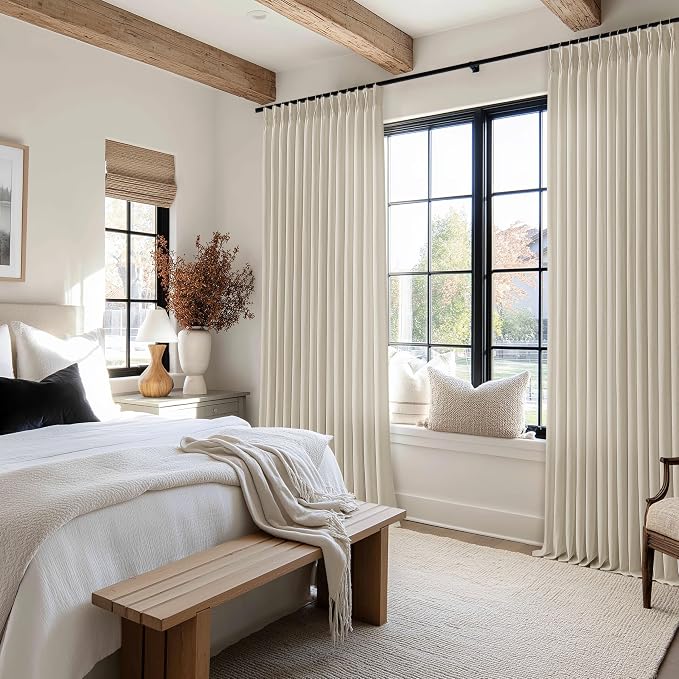 Beige Extra Wide Pinch Pleat Linen Curtains 84 Inches Long for Living Room Sliding Glass Door 70 Inch Wide Curtain Farmhouse Memory Shape Pleated Drape Rings Hooks 70x84 Curtain for Large Window