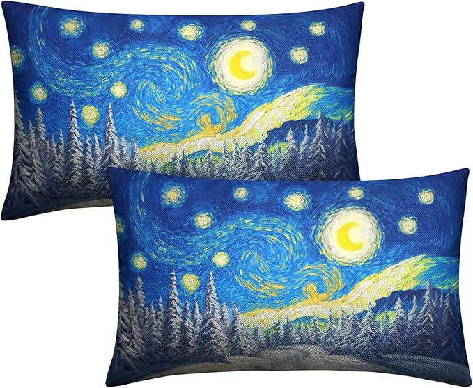 Winter Pine Forest Pillow Covers Van Gogh Starry Night Lumbar Throw Pillow Covers Christmas Tree Pillowcase 12x20 Set of 2 Rectangular Cushion Case for Living Room Couch Sofa