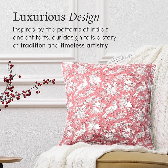 CPC 100% Cotton Throw Pillow Covers 24x24 Inch, Set of 2 Red Block Print Pattern Couch Pillow, Cute Boho Decorative Pillows for Living Room, Bedroom with Hidden Zipper- Coral Pink