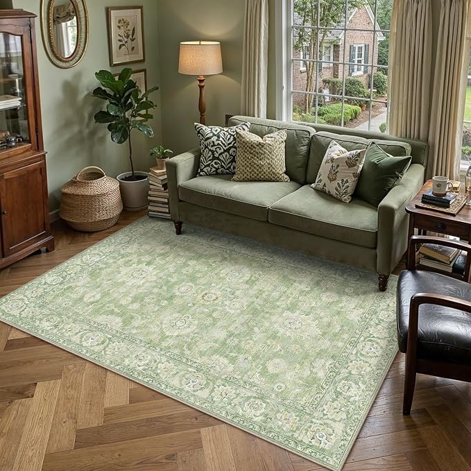 5x7 Green Washable Area Rug for Living Room Bedroom Neutral Floral Soft Non Slip Rug Low Pile Distressed Carpet for Dining Room Nursery Office Indoor