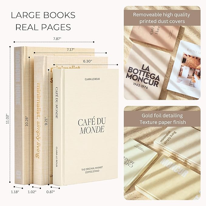 Moncur Home Faux Books for Decoration Coffee Table Books set of 3 Decorative Books Neutral Room Decor Aesthetic Shelf Decor Beige White Earth Tones Real Blank Pages Removable Covers Home Décor Accents