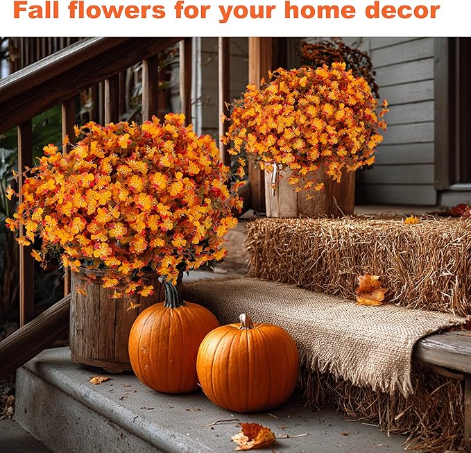 AXYLEX Artificial Fall Flowers Outdoor Fake Mums - 12 Bundles Fake Plants UV Resistant No Fade Faux Plastic Greenery Garden Porch Patio Fall Home Decor(RedOrangeYellow)
