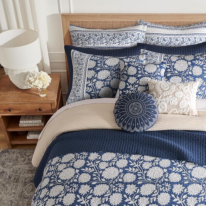 Levtex Home Cross Stitch Reversible King/Cal King Quilt Set (106x92in) and 2 Pillow Shams (36x20in) - Stitch Texture - Navy - Cotton King Size Quilt Bedding Set - Lightweight Soft Pre-Washed
