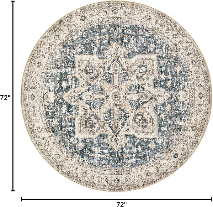 Tortania 6' Round Area Rug Living Room Rugs - Washable Boho Rug Vintage Oriental Distressed Farmhouse Large Thin Indoor Carpet for Bedroom Under Dining Table Home Office - Cream/Blue