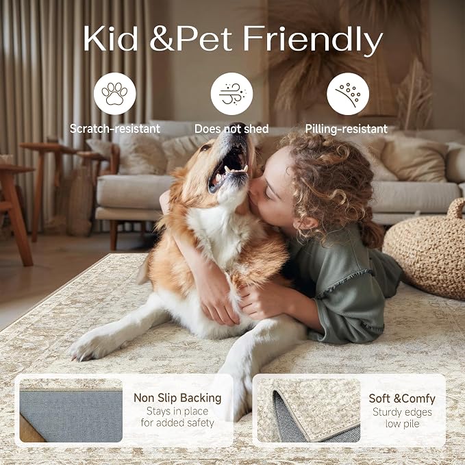 2x3 Washable Neutral Area Rug for Entryway Beige Floral Soft Non Slip Small Carpet Low Pile Distressed Door Mat for Entrance Bathroom Bedroom Indoor