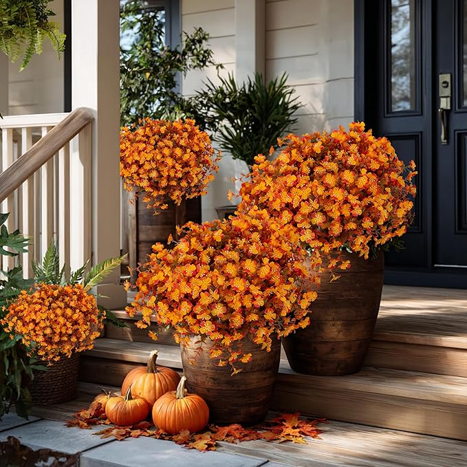 AXYLEX Artificial Fall Flowers Outdoor Fake Mums - 12 Bundles Fake Plants UV Resistant No Fade Faux Plastic Greenery Garden Porch Patio Fall Home Decor(RedOrangeYellow)