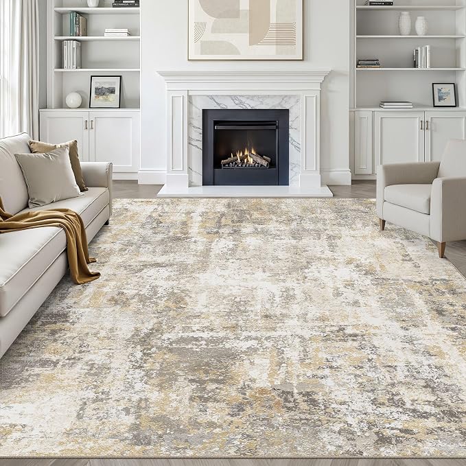 7x9 Area Rug Living Room: Washable Large Neutral Gray Gold Rugs Abstract Soft Modern Stain Resistant Indoor Floor Non-Slip Carpet for Bedroom Nursery Kids Office Playroom Dining Room Under Table Home