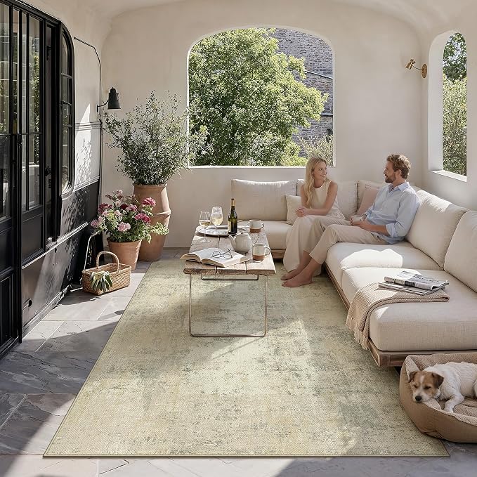 6x9 Easy Jute Area Rug Beige Grey Abstract Washable Non Slip Indoor Outdoor Rug Neutral Modern Carpet for Living Room Bedroom Dining Room Backyard Courtyard