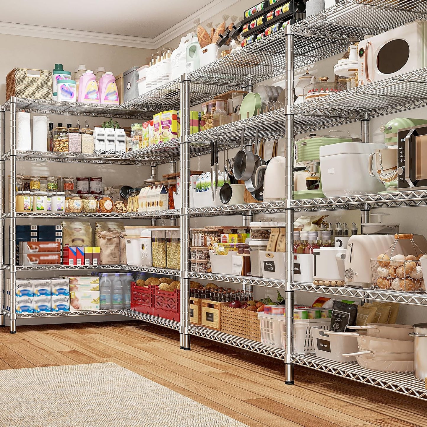 REIBII 70" W Wire Shelving Load 1500LBS, Metal Shelving 5-Tier Storage Shelves Metal Shelves for Storage Adjustable Shelving Rack for Pantry Kitchen Commercial School 70" W*15.8" D*72.4" H,Chrome