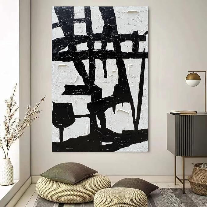 NANKAI Hand-Painted Black and White Wall Art Minimalist Black and White Abstract Painting Large Oil on Canvas Texture Wall Art 45x30 inches