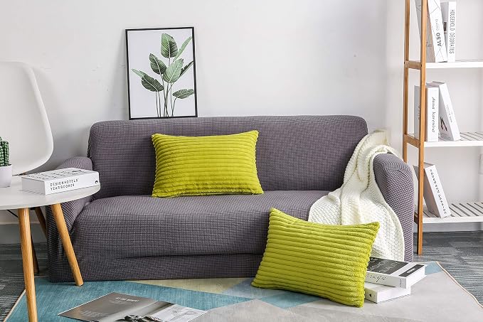 TangDepot Velvet Big Corduroy Pillow Covers 12x20 Green 2-Pack | Soft wide-stripe corduroy pillow cover, hidden zipper, machine washable, easy refresh, for bedroom living room indoor outdoor
